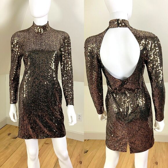 Vintage 90s Lilli Rubin Gold Metallic Sequin Bodycon Mini Dress 8/M Backless - Picture 1 of 12